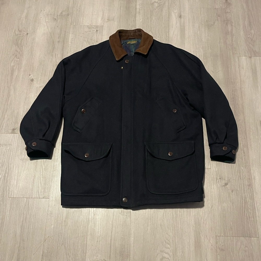 Vintage Brooks Brothers Plaid Quilted Lined Wool Coat Leather Collar